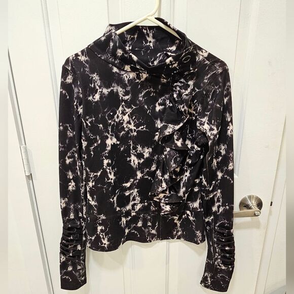 Karma Tops - Karma “San Suu” Asymmetrical Ruffle Mock Neck Athletic Jacket | Marble Print